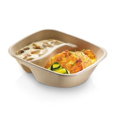 Bakke biocoated sukkerrørsfiber, 480/180ml 2-rum, 195x170x56mm, natur - 100 stk pk / 4 pk karton