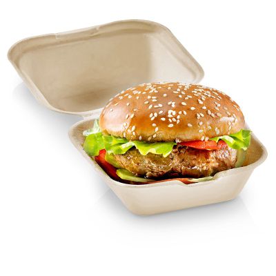 Burgerbox sukkerrørsfiber m hængslet låg, 145x145x77mm, natur PFAS-free - 50 stk pk / 10 pk karton