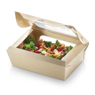 Kageæske Bambuskarton/PLA m vindue og hængslet låg, 450ml, 160x120x50mm, beige - 50 stk pk / 4 pk karton