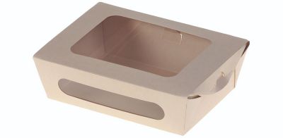 Kageæske Bambuskarton/PLA m vindue og hængslet låg, 800ml, 210x160x40mm, beige - 50 stk pk / 4 pk karton