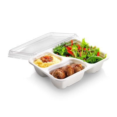 Menu bakke biocoated sukkerrørsfiber, 400/200/150ml, 227x178x45mm, hvid, 3-rum - 125 stk pk / 2 pk karton