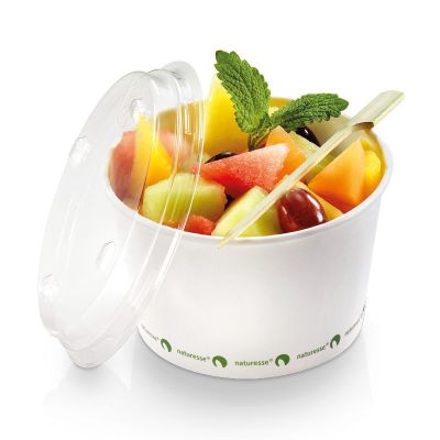 Salat bæger i karton/PLA, 390ml, Ø105x65mm, logoprintet, hvid - UDGÅR - 50 stk pk* / 10 pk karton*