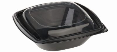Salatskål PLA, 360ml, 126x126x72mm,nkl låg, sort bund/glasklar låg - 40 stk pk / 9 pk karton