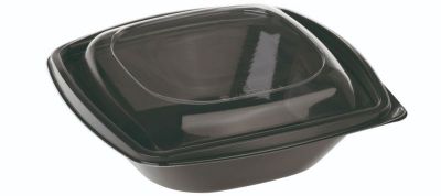 Salatskål PLA, 720ml, 192x192x65mm,nkl låg, sort bund/glasklar låg - 50 stk pk / 6 pk karton