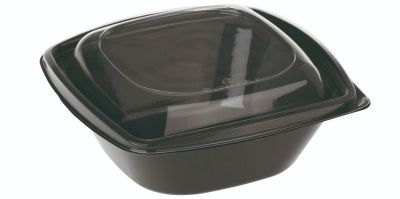 Salatskål PLA, 960ml, 192x192x78mm,nkl låg, sort bund/glasklar låg - 50 stk pk / 6 pk karton
