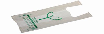 T-shirt pose MaterBi, 220+120x430/0.016mm logoprintet, hvid - 150 stk pk* / 10 pk karton*