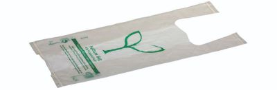 T-Shirt pose MaterBi, 490x220+2x60/0.016mm logoprintet, hvid - 120 stk pk* / 12 pk karton*